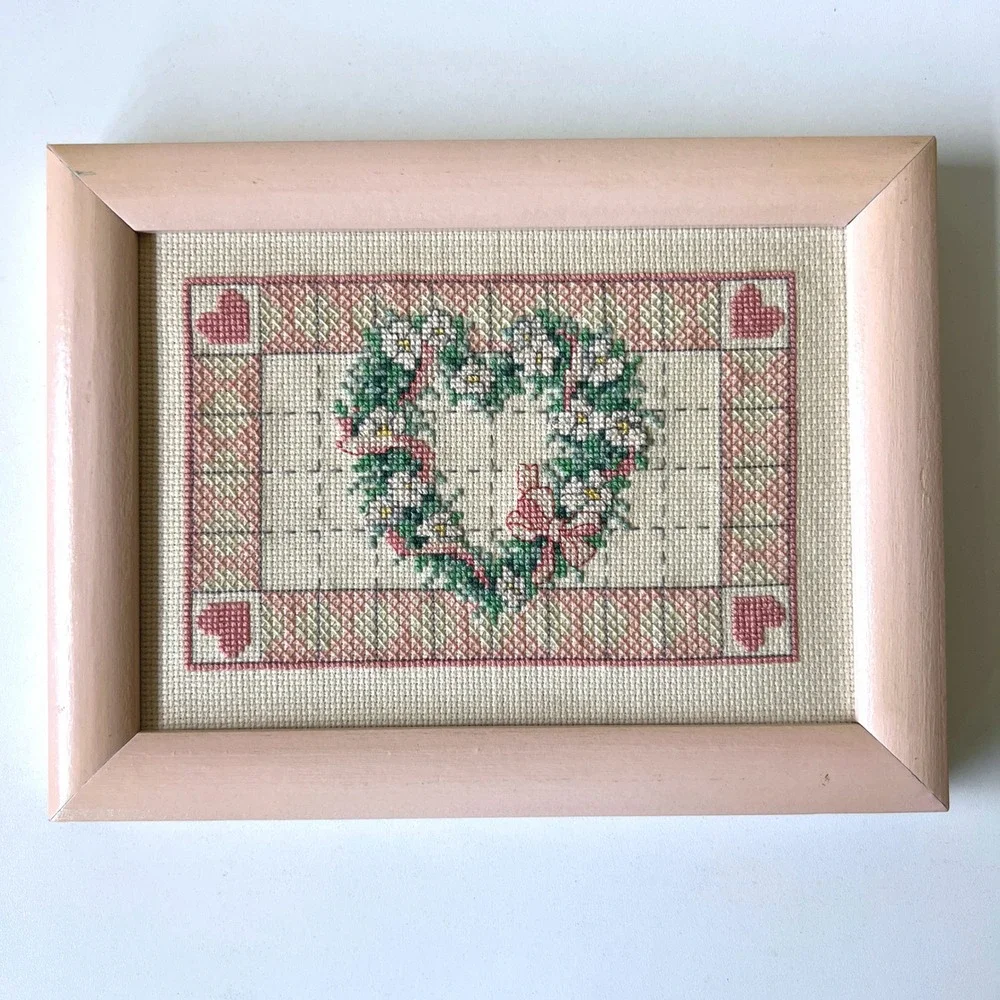 Vintage Framed Floral Heart Cross Stitch Needlepoint Wall Art Pink Cottagecore